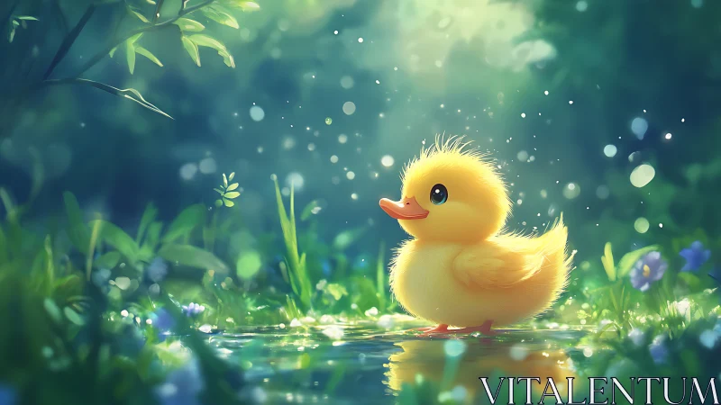 Sunlit duckling daydream in a sparkling forest pool.