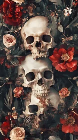Skulls trade secrets with blooming flowers in dusky silence