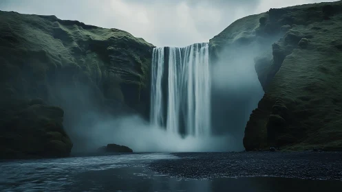 Misty Waterfall Cascades Between Moss-Covered Cliffs