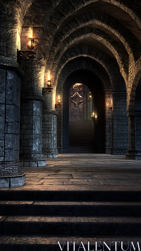 Stone corridor with vaulted arches and torchlit stairway