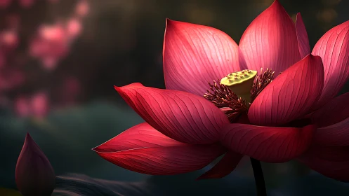 Red lotus flower close-up with soft dark background.