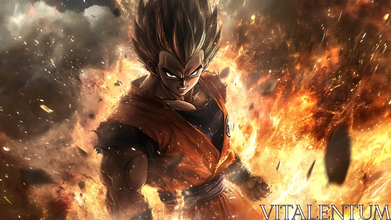 Powerful anime warrior in blazing explosive energy field.
