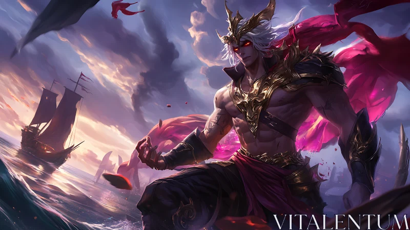 Armored figure on stormy sea with ships and red banners.