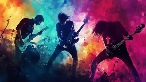 Electric rock band silhouettes in tri-color explosive lighting