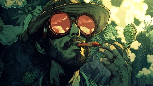 Psychedelic botanist with reflective goggles in dense foliage.