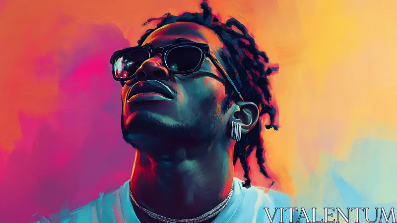 Digital portrait of man in sunglasses against vivid gradient.