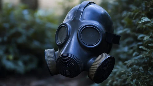 Black gas mask with dual filters suspended in foliage