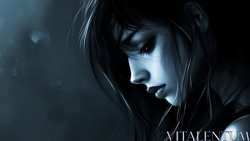 Monochrome side-lit female profile rendered in high-contrast digital painting