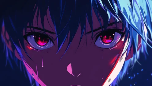 Intense anime closeup with glowing red eyes and sweat.