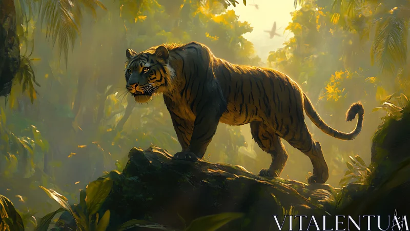 Sunlit jungle tiger pausing on a mossy path of wonder.