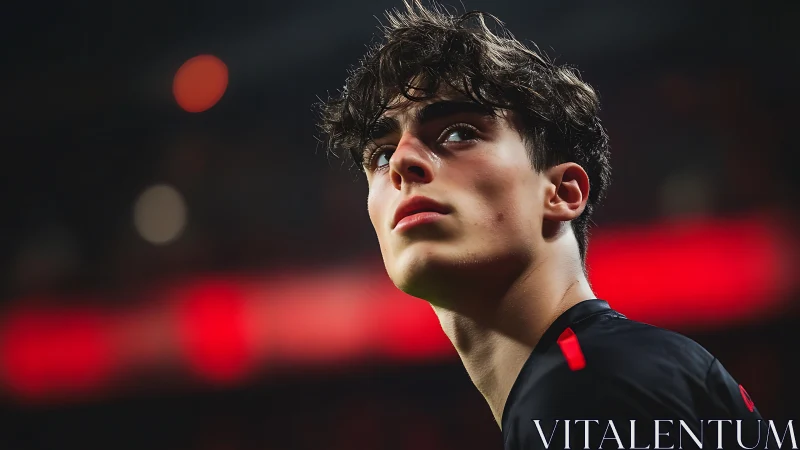 Stadium lights crown a focused young footballer in red.