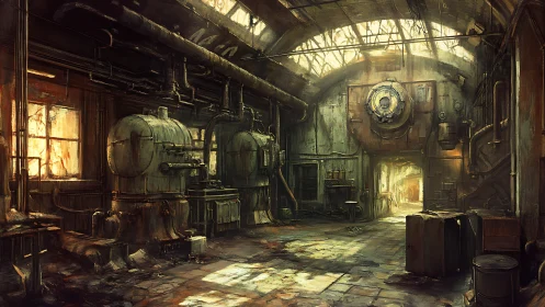 Abandoned industrial boiler hall under fractured skylight.