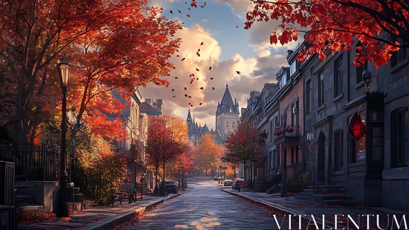 Digital autumn streetscape with converging perspective lines.