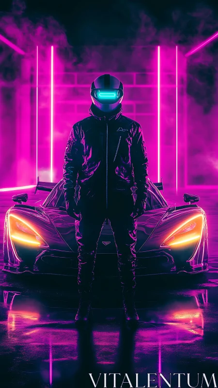 Neon lit driver standing before futuristic supercar.