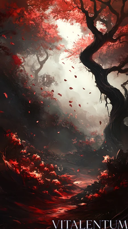 Crimson spellbound forest path under twisted shadowed boughs.