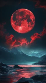 Crimson moonrise casting gentle magic over icy mountains.
