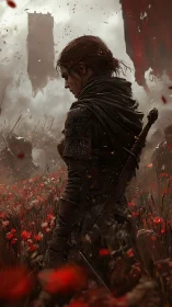 Solitary warrior pauses amid blood-red battlefield poppies.