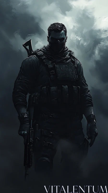 Tactical shadow operative in low-key atmospheric combat staging.