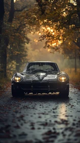 Classic sports car stands on wet forest road at dusk