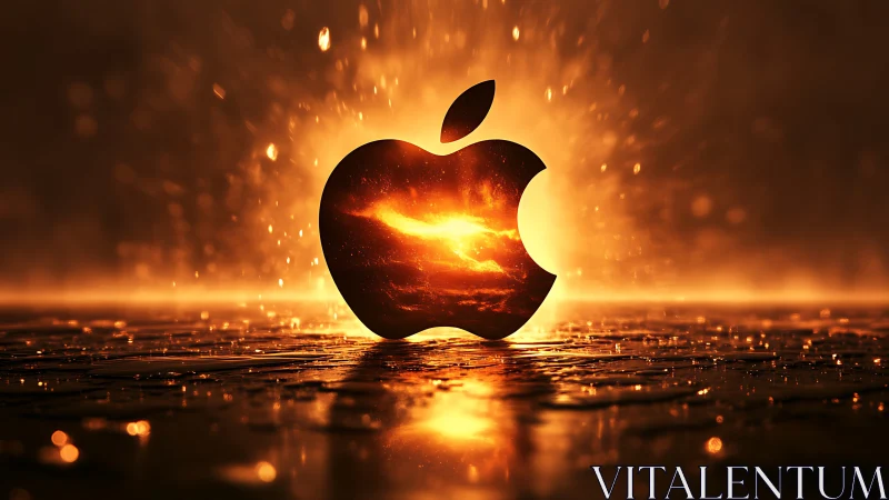 Glowing apple emblem rising from a molten golden sunset.