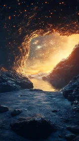 Glowing sea cave opening onto a star-dusted horizon scene.