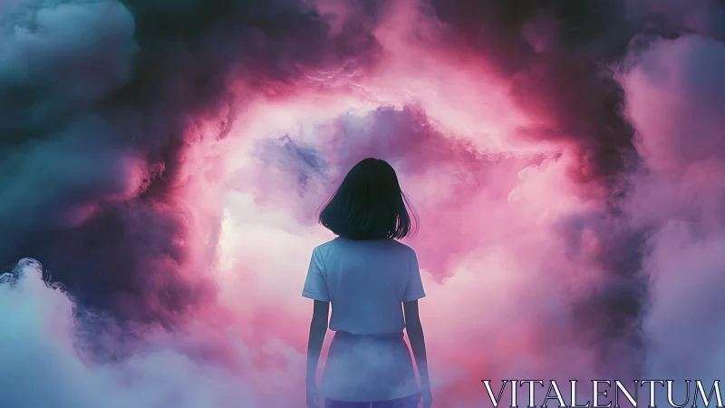 Backlit girl facing luminous magenta and cyan fog vortex