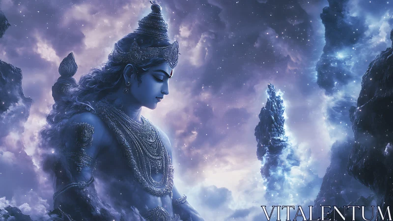 Celestial blue deity contemplates amid swirling cosmic clouds.