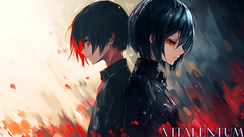 Dual anime silhouettes in red light and shadow contrast.