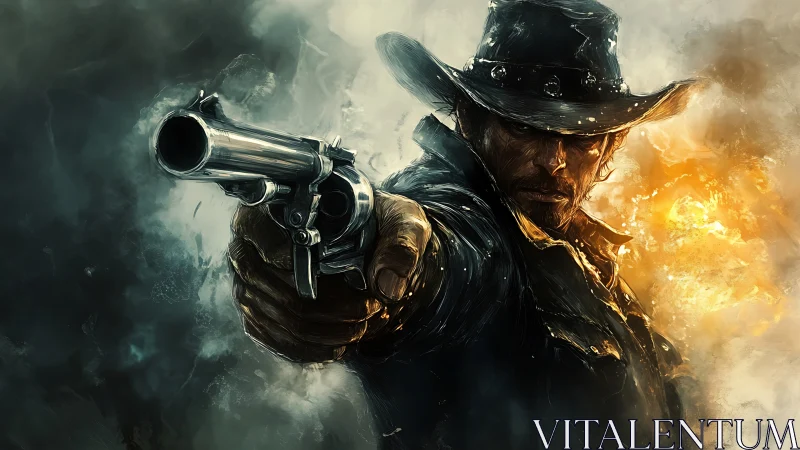 Gritty gunslinger portrait with foreshortened revolver barrel