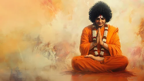 Meditating monk in saffron robes practices serene devotion