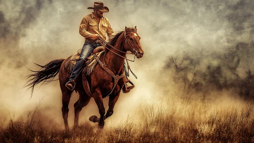Cowboy on galloping bay horse in dusty prairie atmosphere