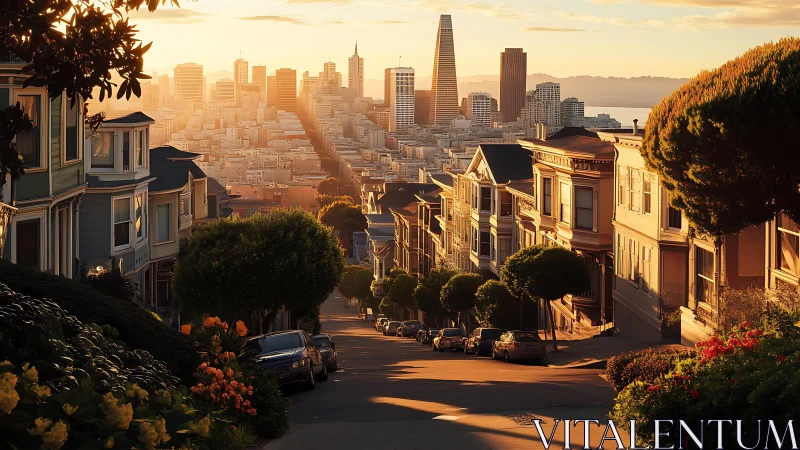 Hilly residential street overlooking dense downtown skyline.