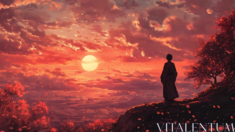 Quiet wanderer greets a glowing sunset above crimson hills