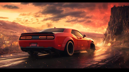 Red muscle car on molten sunset mountain highway.