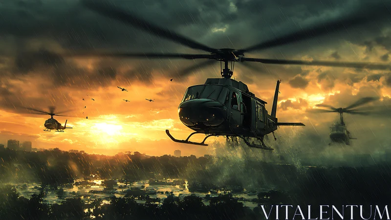 Rotorcraft assault echelon over flooded jungle at dusk.