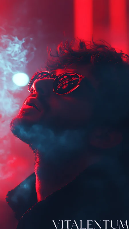 Neon lit dreamer gazing upward in a haze of soft color.