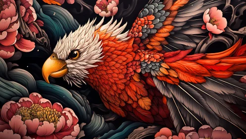 Vibrant Parrot in Blooming Garden, Intricate Digital Art Style.