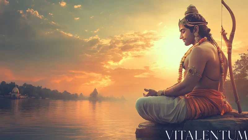 Serene warrior meditates beside sacred river at sunrise.