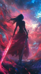 Celestial swordswoman framed by luminous nebula storms.