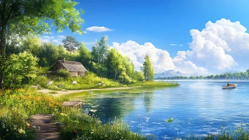 Lakeside cabin and lone boat under towering summer clouds.