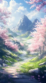 Mountain path winds through sunlit valley of pink blossoms