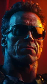 Chrome-shadowed titan stares down neon dusk with resolve