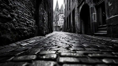 Wet cobblestone alley leads toward distant gothic cathedral