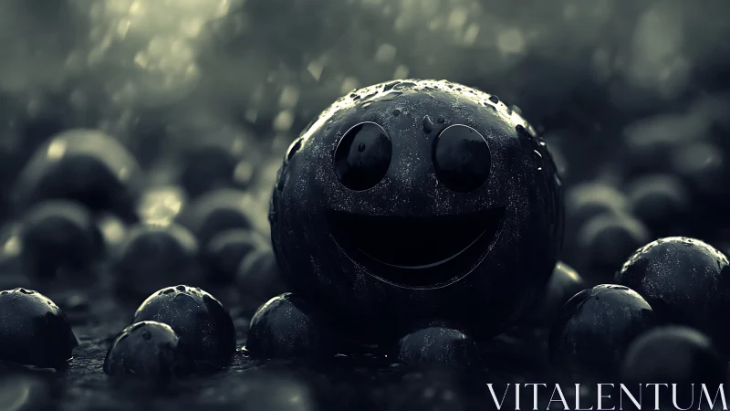 Smiling black sphere with raindrops sits among wet spheres