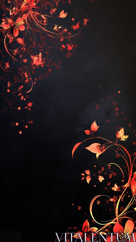 Ornamental floral motifs with curving vines against dark background.