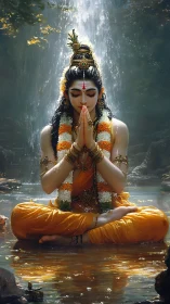 River-lit yogi in saffron robes beneath whispering waterfall.