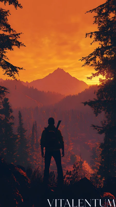 Silhouetted hiker viewing forest valley and distant mountain.
