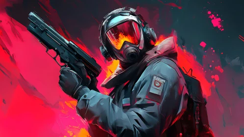 Tactical operator in hazmat gear amid neon combustion field