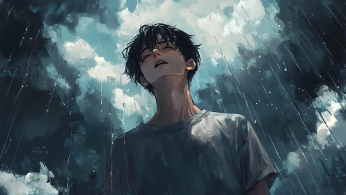 Young man surrenders to stormy rain under a brooding sky