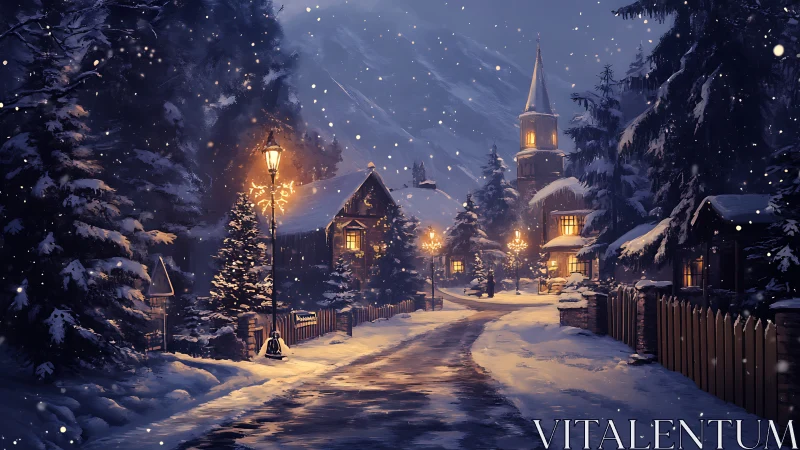 Snow-covered village street with church tower at night.